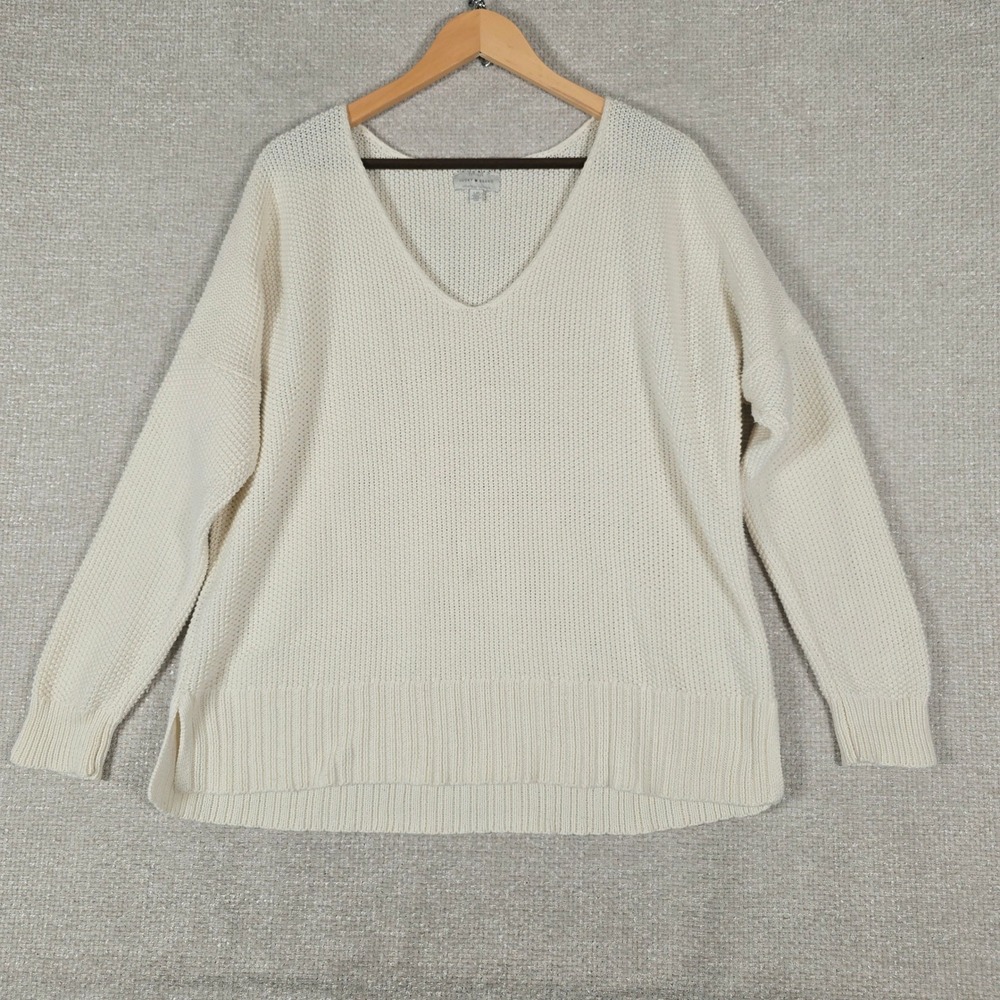 Lucky Brand Womens‎ Cream V-Neck Shaker Stitch Cotton Blend Sweater Large